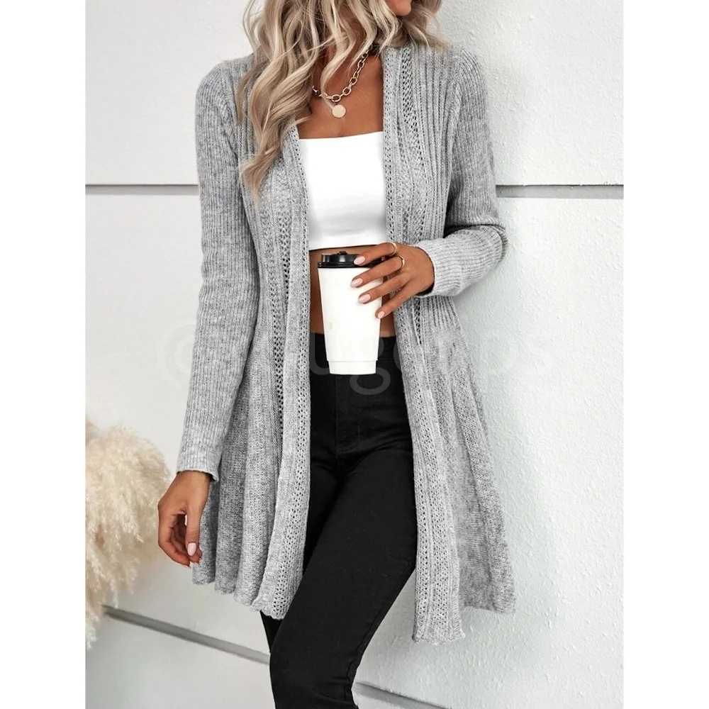 Ruffle Hem Gray Knit Open Cardigan Long Sleeve - Picture 6 of 9